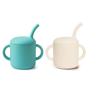 Silicone Baby Cup with Straw, Straw Cup for 6 months+ old, Leak Proof Silicone Baby Training Cup 6 fl oz (Green+Beige)