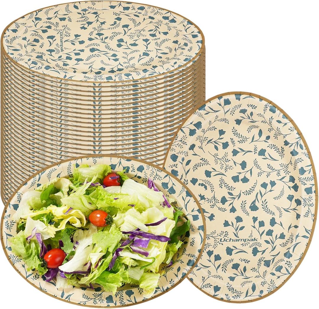 50PCS Oval Disposable Paper Plates, 9" x 10.5" Everyday Disposable Plates, Floral Dinner Plate Microwave-Safe, Soak-Proof, Biodegradable Eco-Friendly Paper Platters For Daily Use & Party