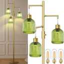 Modern Floor Lamps for Living Room, Glass Standing Lamp with Green Shade, Dimmable Ribbed Glass 3 Lights Floor Lamps, Mid Century Tall Lamp for Bedroom, 3 Bulbs Included