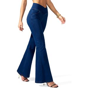 Rammus Flare Jeans for Women Crossover High Waisted Bell Bottom Jeans Trendy Yoga Pants Stretchy Flare Leggings with Pockets (X-Large, Dark Blue Denim)