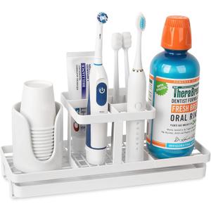 Toothbrush Holders for Bathrooms, Carbon Steel Tooth Brushing Holder Electric Toothbrush and Toothpaste Organizer Bathroom Accessories for Countertop, Shower, Sink, 5 Slots, White (Large)