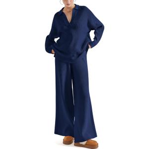 SUUKSESS Women 2 piece Fall outfits Matching Lounge Set Waffle Knit Sweater sets (X-Small, Navy Blue)