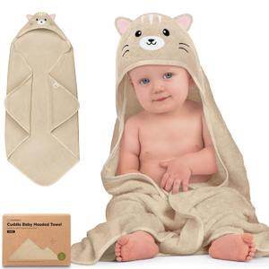 KeaBabies Hooded Baby Towel for Newborn - Viscose Derived from Bamboo Large Baby Bath Towels with Hood for Boys, Girls, Toddler, Extra Absorbent & Soft Newborn Bath Essentials (Cat) (Petite 30x30)