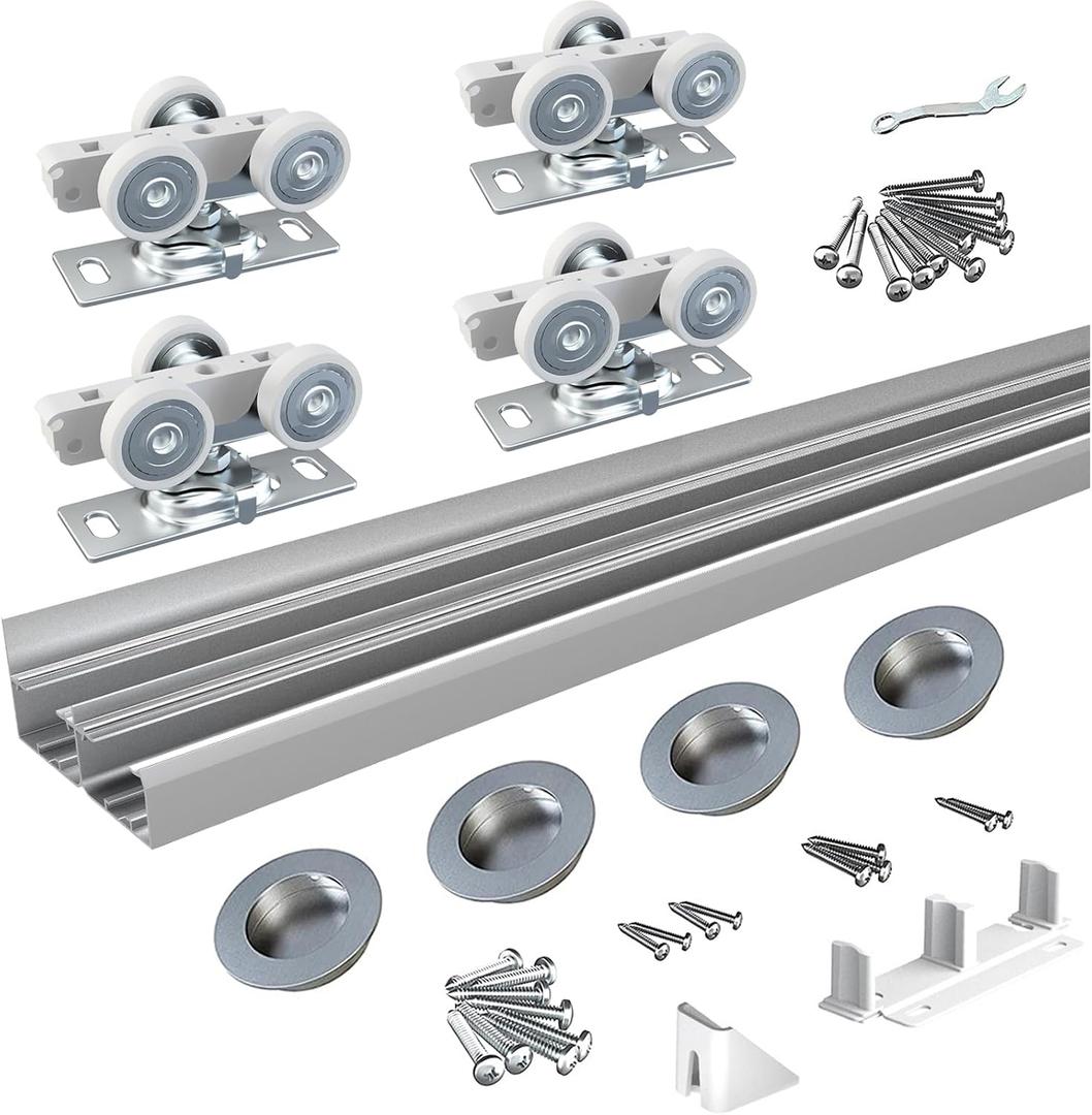 BARNSMITH 5FT/60 Bypass Door Hardware,Heavy Duty Aluminum Sliding Closet Door Hardware with Finger Pulls for 2 Doors System,Sturdy and Smoothly,Fit Door Thickness 1 3/8" or 1 3/4",Easy to Insatll