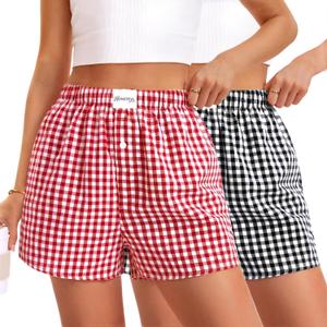 HONGTEYA Boxer Shorts for Women Casual Summer Pajama Shorts Women Gingham Plaid Shorts Y2k Beach Bottoms (M)