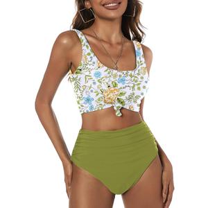 ZAFUL Women's High Waisted Tankini Swimsuit Scoop Neck Ruched Bikini Set Sporty 2 Piece Bathing Suit (Green Onion, S)
