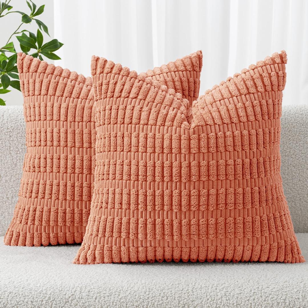 MIULEE Pack of 2 Corduroy Decorative Throw Pillow Covers 18x18 Inch Soft Boho Striped Pillow Covers Modern Farmhouse Home Decor for Summer Sofa Living Room Couch Bed Coral