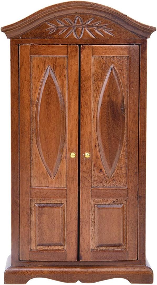 Doll Wardrobe, 1:12 Miniature Doll Armoire, Wooden Vintage Double Door Dolls Wardrobe Closet for Dollhouse Accessories Model Home Decor (Brown)