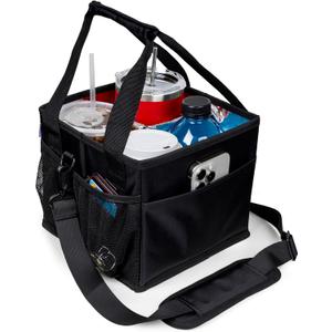 Reusable Drink Carrier with Handle  Tip-Resistant 4 Cup Carrier with Shoulder Strap for Delivery  Insulated, Foldable, Adjustable Dividers  Portable Caddy Tote Bag, Drink Holder for Car (Black)