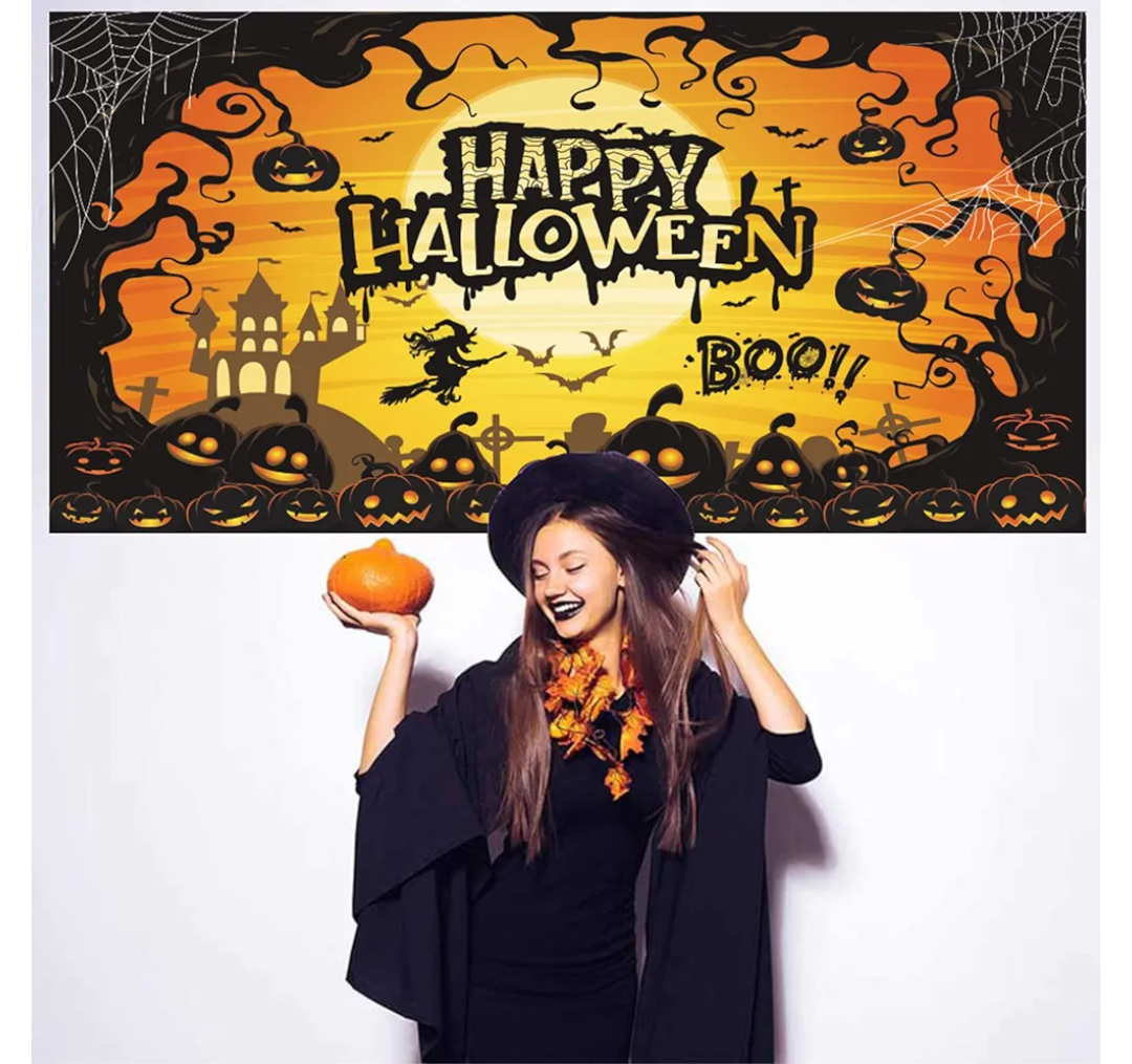 Normacaw Happy Halloween Backdrop for Photography, 72x44 Inch, Halloween Party Decoration, Ghost and Spooky Castle, Fabric, Multicolor