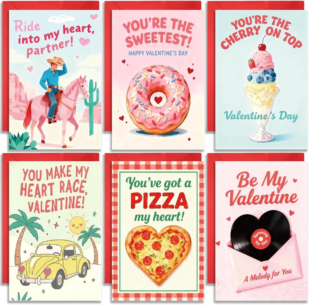 5 x 24 Pack Valentines Day Cards Cute & Funny Valentine Cards with Envelopes and Stickers, 6 Designs for Kids, Friends & Family, Sweet Love Notes for Him & Her