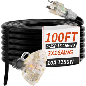 PlugSaf 100 FT 16/3 Gauge Outdoor Extension Cord with Multiple Outlets Light Indicator, Flexible 3 Outlet Weatherproof Extension Cord Waterproof Black, 10A 1250W 16AWG SJTW, ETL Listed