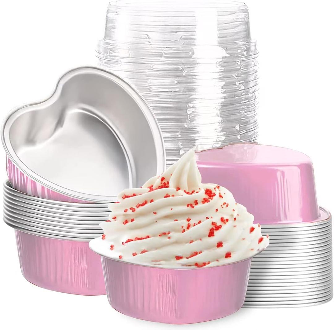 Mini Aluminum Foil Cupcake Cups with Lids (40 Packs, 3.4oz) Heart Shaped Cake Pans - Disposable Mini Cupcake Cup Flan Baking Cups for Valentine Mother's Day Wedding Birthday (Pink)