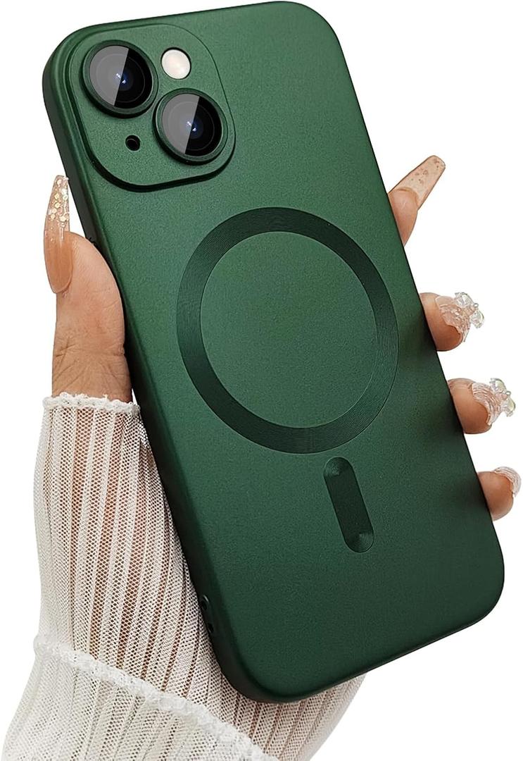 Magnetic case for iPhone 13 Phone Case for Women/Men, Matte Luxury Soft Metallic Luster Design with Camera Lens Protector, Compatible with Magsafe Case for iPhone 13 6.1"-Deep Green