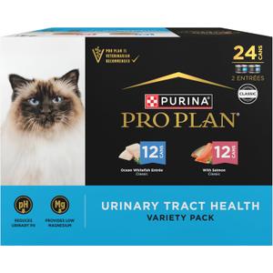 Purina Pro Plan Urinary Tract Health Pate Cat Food Variety Pack, Ocean Whitefish And With Salmon Entrees - (Pack of 24) 3 oz. Cans (EXP 02/22/28)