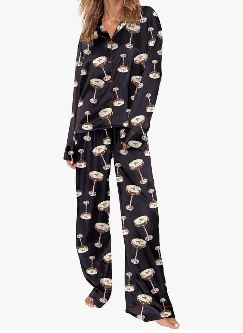 SHESHOW Satin Pajamas for Women Set Long Sleeve Button Down Sleepwear 2 Piece Nightwear Women Pjs Sets Size L (Martini Drinks Black)
