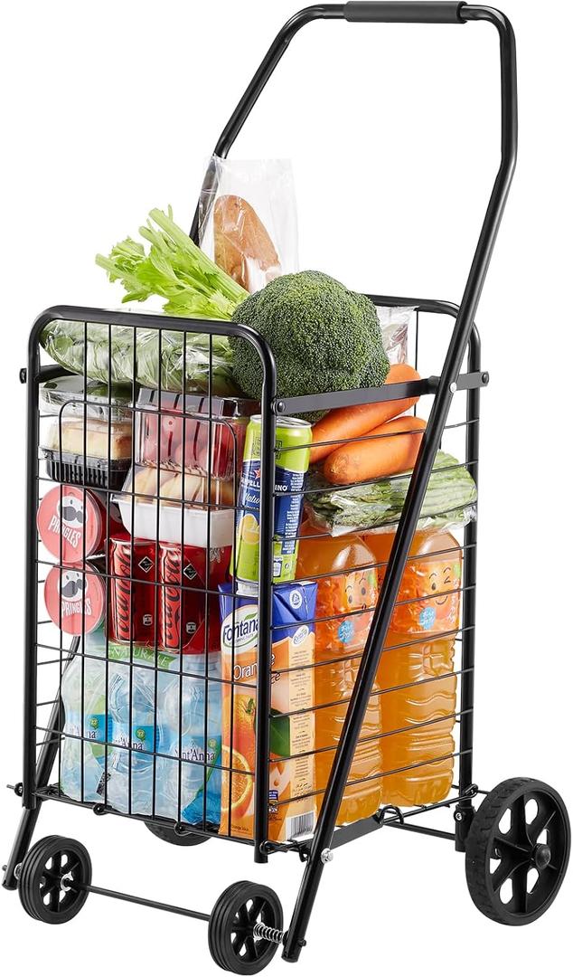 VEVOR Shopping Cart, Folding Grocery Utility Cart with Swivel Wheels, 90 LBS Large Load Capacity, Heavy Duty Rolling Laundry Basket Butler for Laundry, Shopping, Camping, Grocery, Luggage, Black