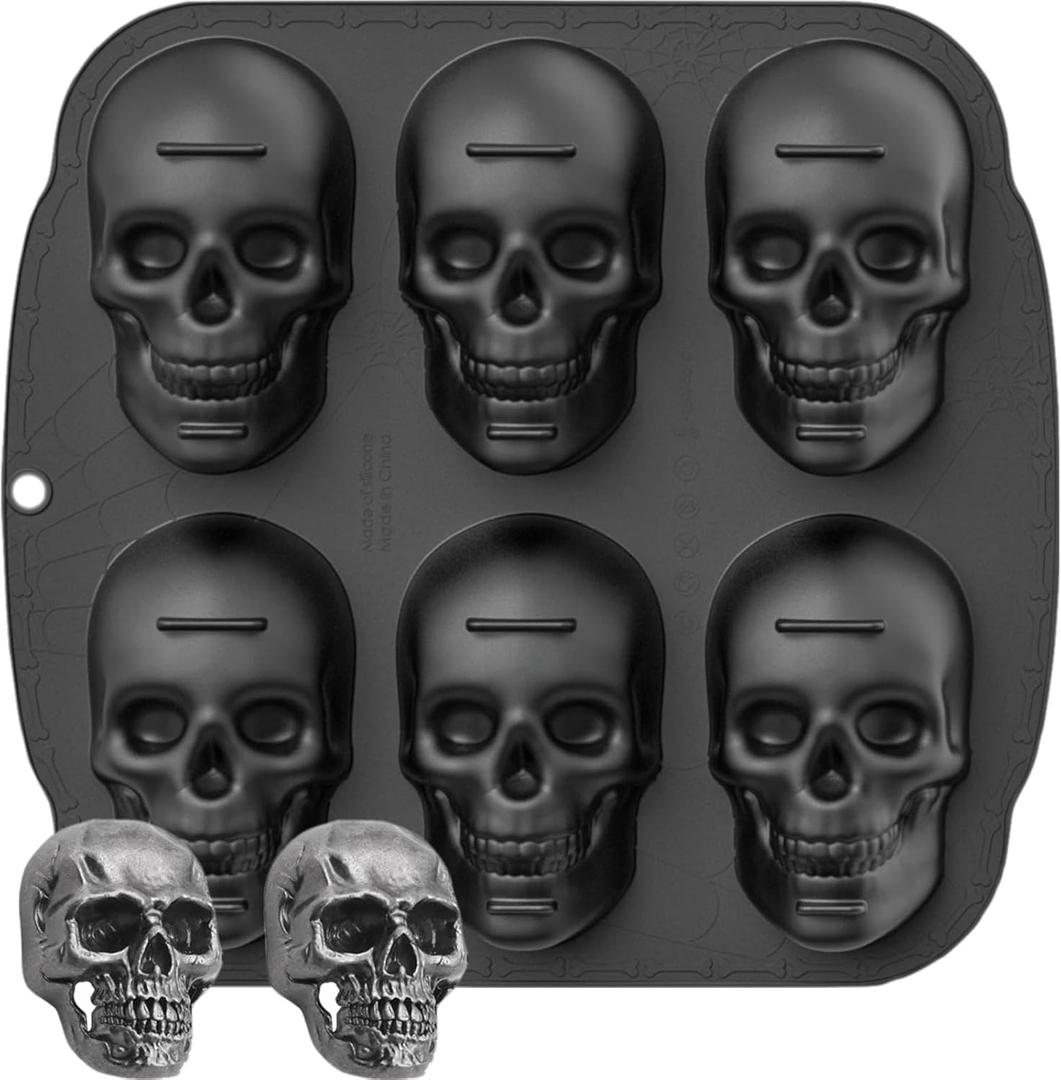 6 Cavity Skull Cake Pan with 2 Fridge Magnets, Halloween Skull Silicone Molds for Baking Chocolate Resin