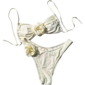 Women's Floral Appliques Cute Bathing Suit High Waisted Colorblock Tie Back Swimsuit Bikini Set (White)