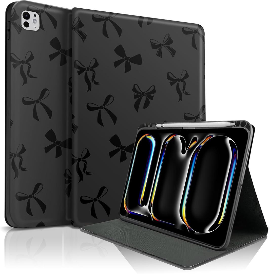 TopPerfekt for iPad Pro 11 Inch M4 2024 (5th Generation) Case, Black Bow tie Cute Chic Adorable with Auto Wake/Sleep Pencil Holder for Kids, Boys, Girls, Anti-Slip- Anti-Shock, Black Bow