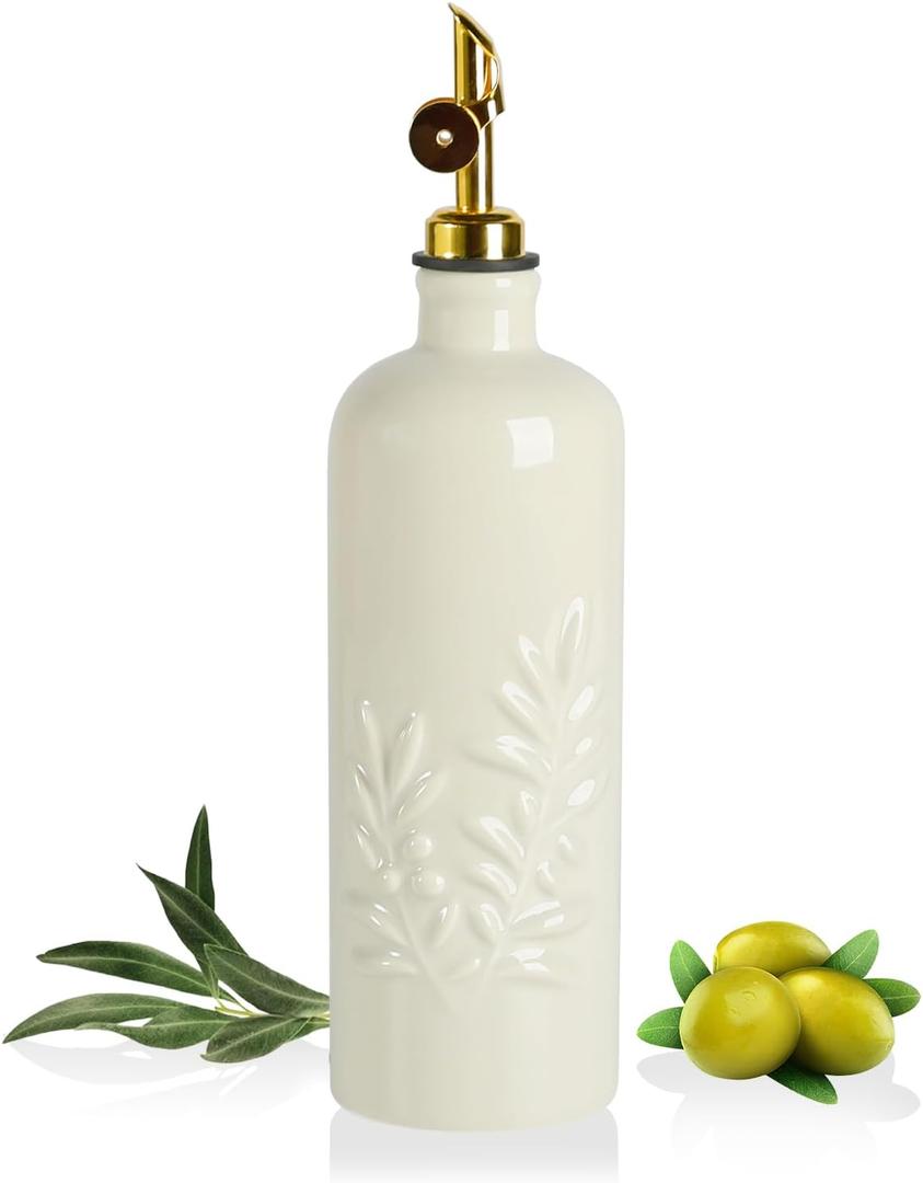 Sweejar 18 Oz Oil Dispenser for Kitchen with Gravity Spout, Ceramic Olive Oil Dispenser Bottle, Relief Opaque Vinegar Container for Evoo, Vinegar, Soy Sauce, Pack of 1 (Beige, Gold Spout)
