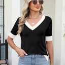 AKEWEI Womens V Neck Sweater Short Sleeve Lightweight Knit Spring Summer Tops with Decorative Buttons (Black, XL)