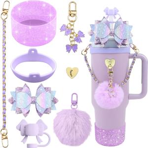 Bling Stanley Cup Accessories for 40oz & 30oz Tumbler including Silicone Cute Bow Straw Topper Cover, Silicone Stanley Cup Boot,Leather Water Bottle Handle Strap, Charms(Purple) (C2-Glossy Purple)