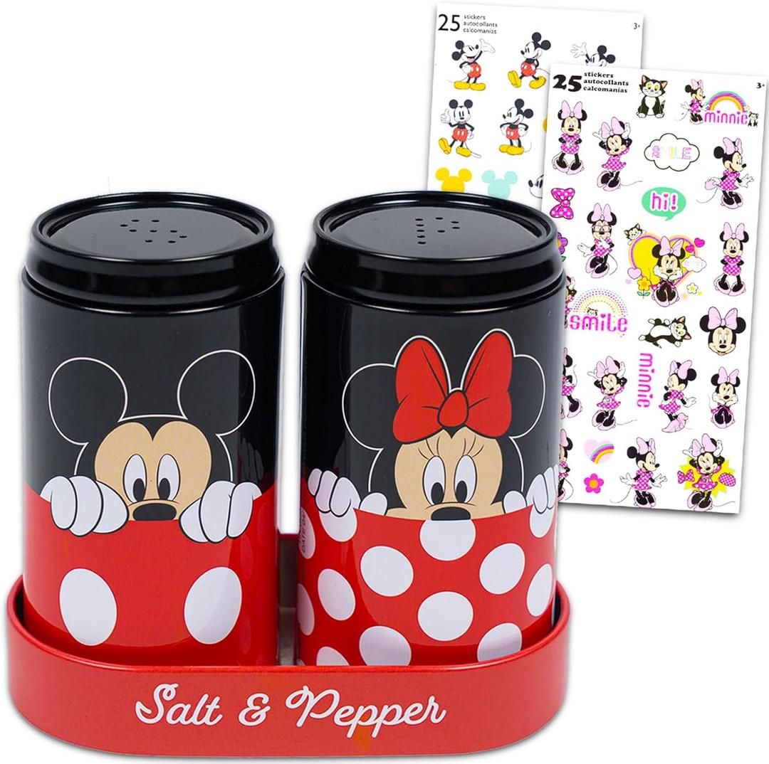 Disney Kitchen Accessories Bundle - Mickey and Minnie Salt and Pepper Shakers Plus Stickers