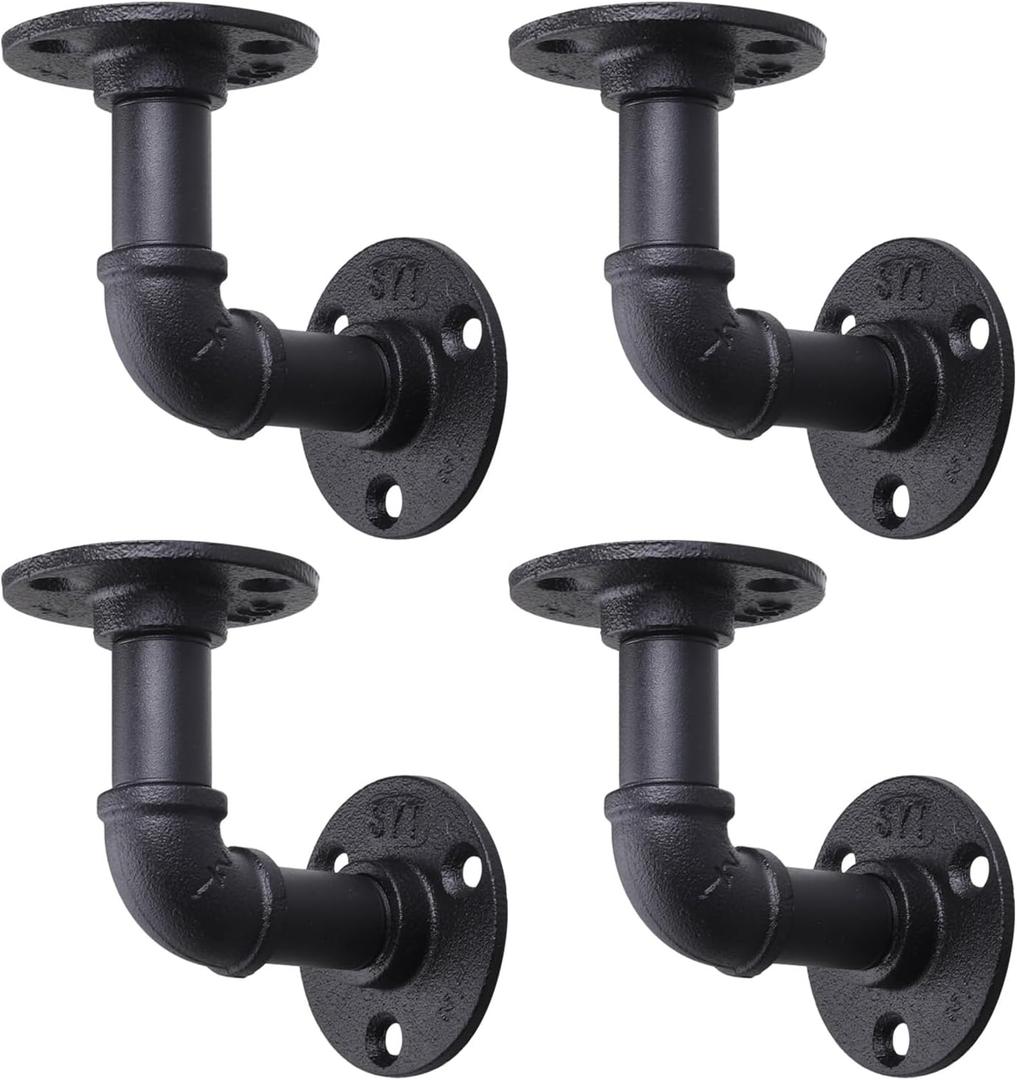MUZIK 4 Pack Pipe Floating Shelf Bracket Heavy Duty, Black L Pipes Shelf Brackets Iron Shelving Brackets for Shelves - Vintage DIY Pipe Shelf (4*4 Inch)