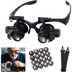 Head Mount Magnifying Glass with LED Light, Jewelers Loupe Magnifier with 8 Interchangeable Lens 2.5X/4X/6X/8X/10X/15X/ 20X/25X for Close Work/Electronics/Eyelash/Crafts/Jewelry/Repair