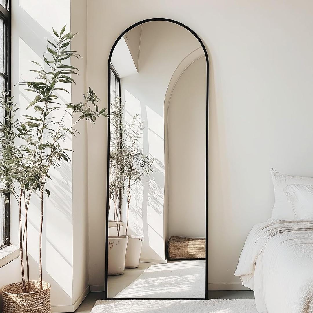 Whitmor Full Length Mirror, 64"x21" Standing Full Body Mirror with Aluminum Alloy Frame, Floor Mirror for Bedroom Bathroom Wall Decor, Arched, Black