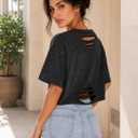 SOFIA'S CHOICE Women Oversized Short Sleeve Crop Top Ripped Distressed Tee Shirts Vintage Boxy Acid Wash Tshirt (M)