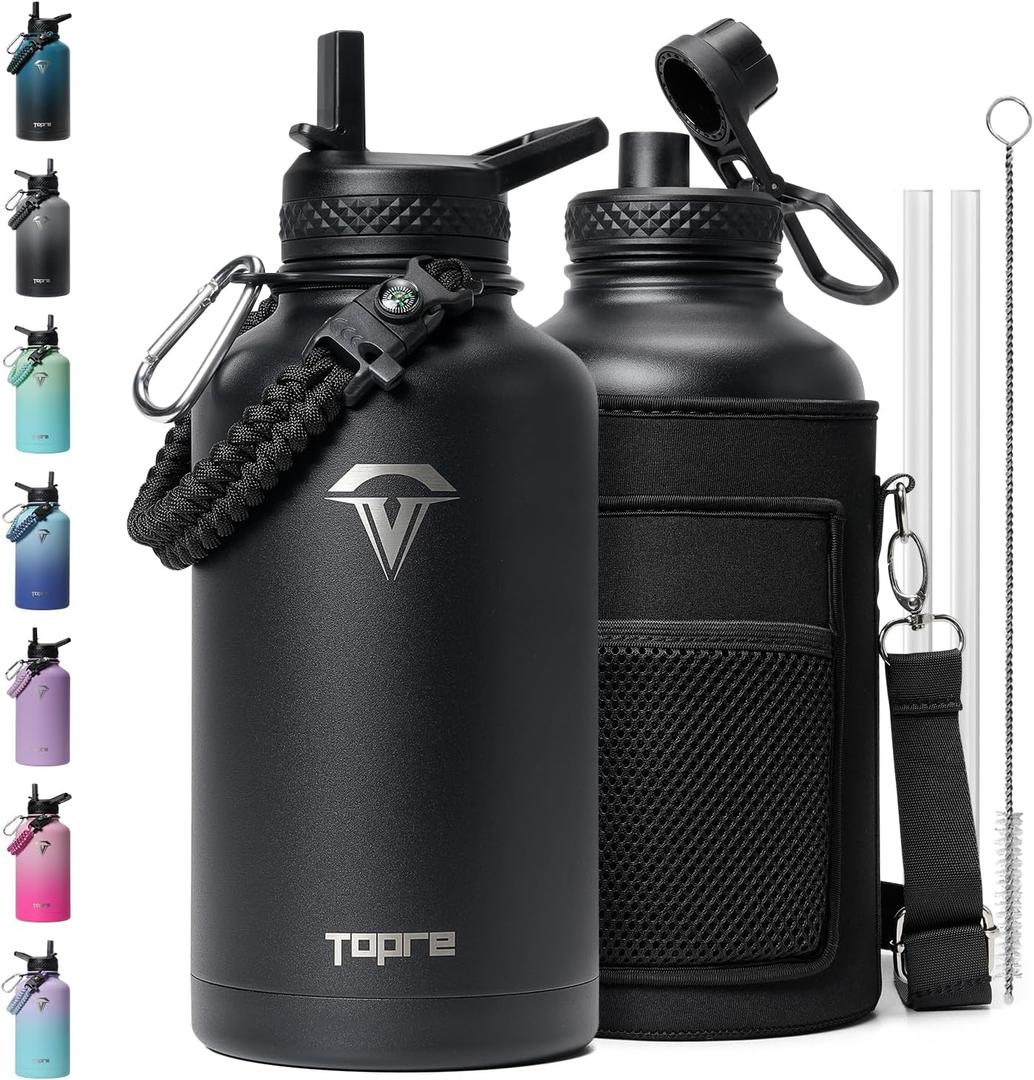 64oz Insulated Water Bottle,Half Gallon Water Flask Stainless Steel Vacuum, Cold for 48 Hrs,BPA-Free & Leakproof -with Paracord Handle,Strap,Straw Spout Lids,Large Jug for Gym Sports,Black