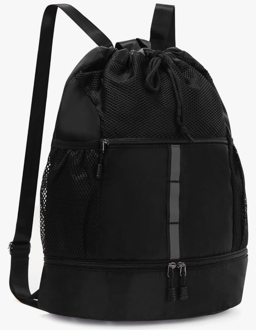 Valleycomfy Drawstring Gym Bag Sports Backpack With Shoe Compartment and Reflective Strips Black