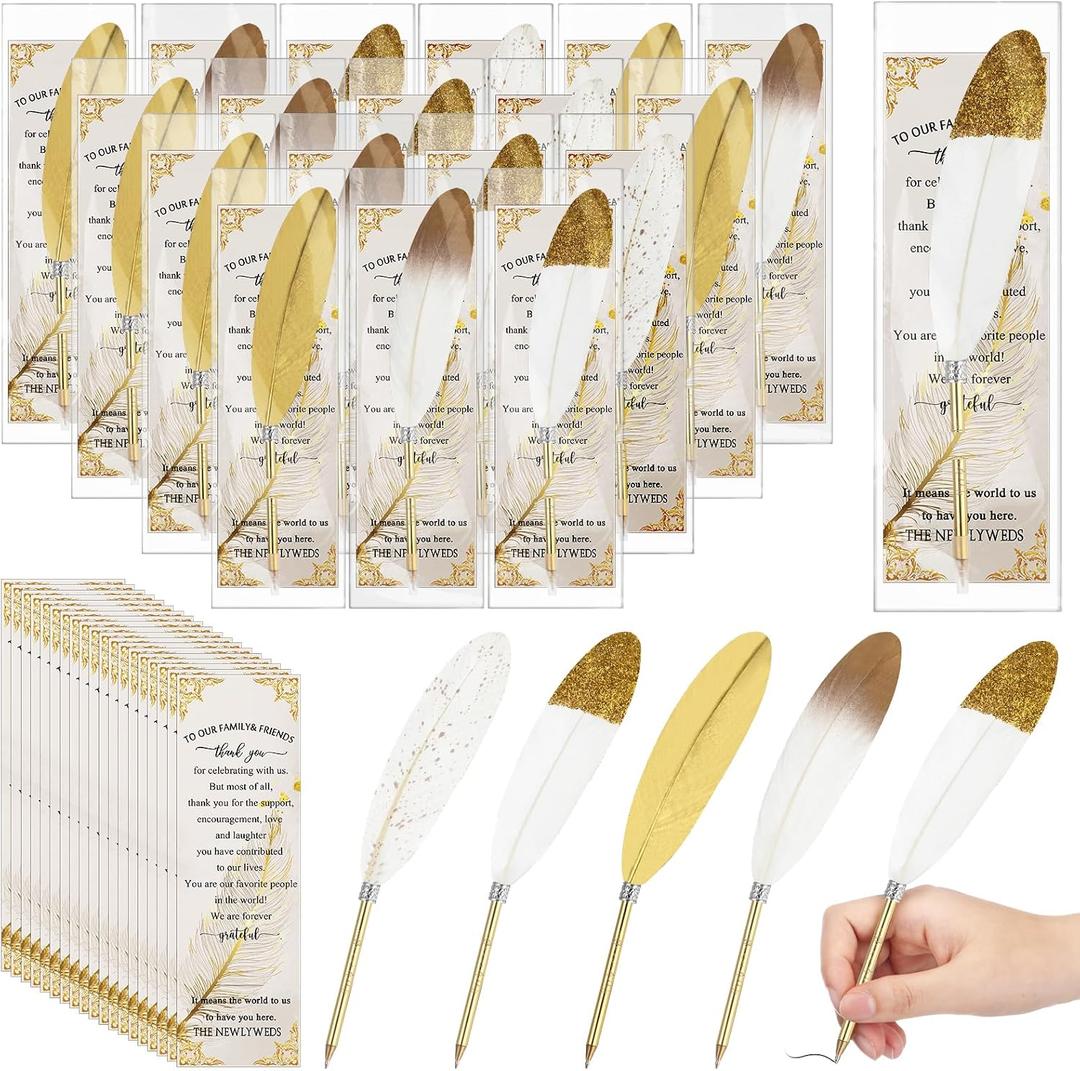 Spakon 25 Sets Feather Pen Wedding Favors Bulk bridal Shower Quill Ballpoint Pens Gold Vintage Bridal Shower Favors with Thank You Tags Wedding Gifts Souvenirs for Guest Signature(Classic)