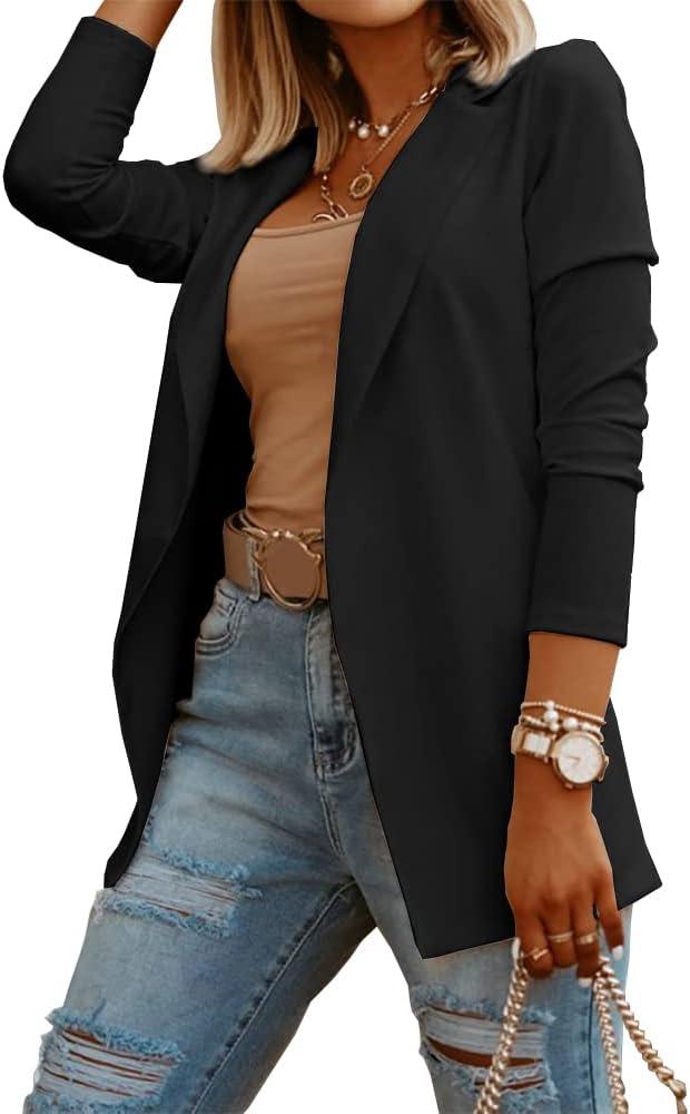 Womens Casual Long Sleeve Blazers Solid Color Knit Blazer Work Office Open Front Blazer Jacket, Black, Large