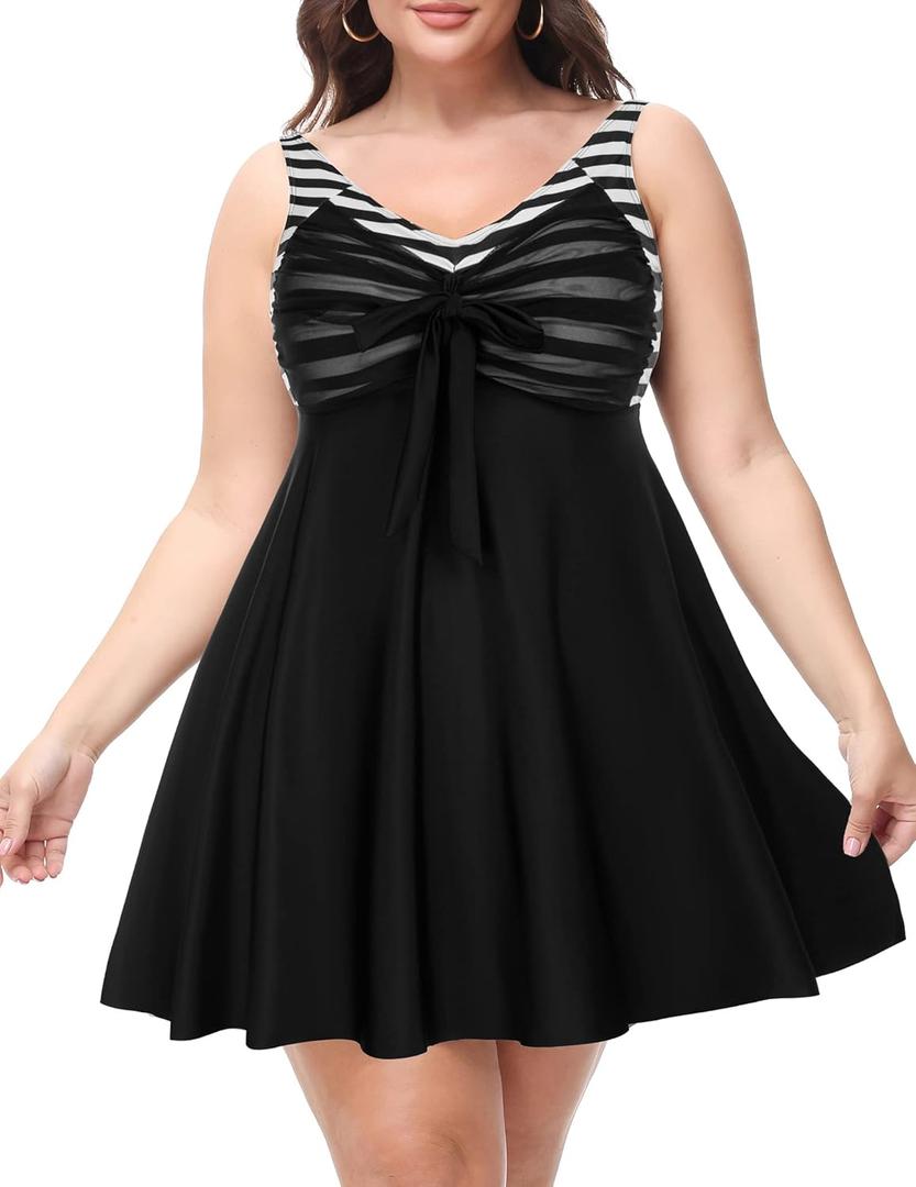 Hanna Nikole Women's Two Piece Swim Dress Plus Size Tummy Control Floral Printed Swimwear Swimsuits with Boyshort, 2 XL