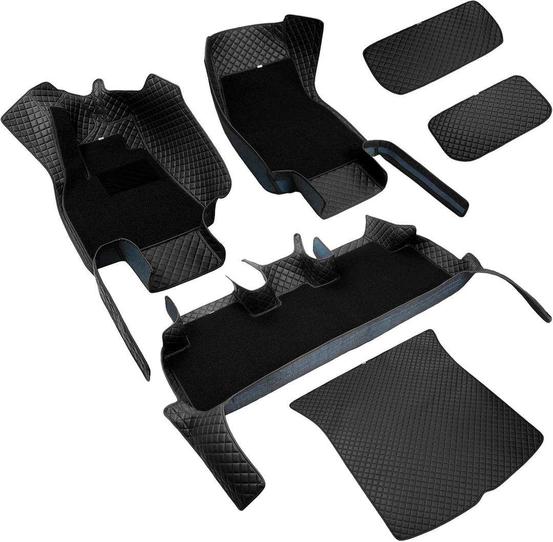FREESOO for Tesla Model Y Floor Mats Set 9pcs - All Weather Leather Floor Mats with Removable Car Floor Mats Carpets for Tesla Model Y 2020-2024 2025 5-Seater Custom Fit Trunk Mats Cargo Liners, Black