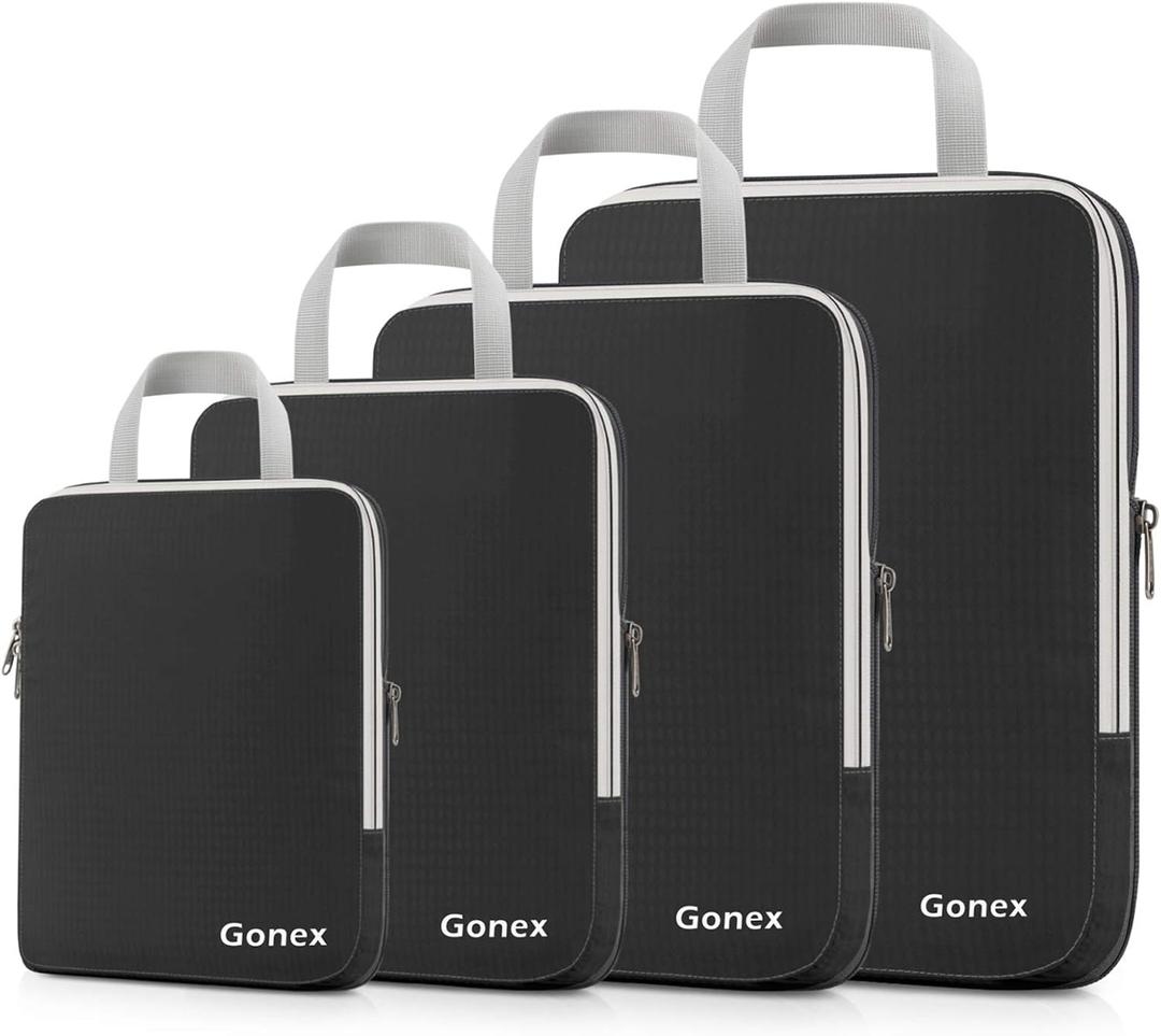 Gonex Compression Packing Cubes, 4pcs Expandable Storage Travel Luggage Bags Organizers(Black)