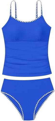 TyeSmo Girls Swimsuit Solid Color Tankini Contrast Trim Swimwear 2 Piece Bathing Suit Padded Swimsuits for Teens 13-14Y, Blue 