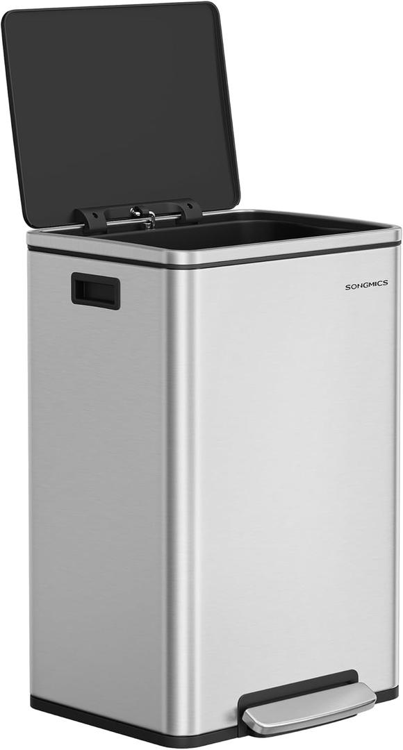 SONGMICS Trash Can, 13-Gallon Garbage Can, with 15 Trash Bags, Stainless Steel, with Soft-Close Lid, Removable Inner Bucket, Handles, Silver ULTB595E01