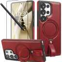 for Samsung Galaxy S25 Ultra Case with Stand, Anti-Slip Shockproof Loop, Compatible with MagSafe, Magnetic Protective Leather Case with Camera Lens and Screen Protector, Burgundy