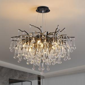 Modern Crystal Raindrop Chandelier, Black Round Art Deco Tree Branch Lighting Fixture for Dining Room Living Room Foyer 13 Lights D31.5''
