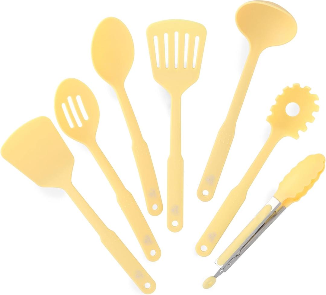 GreenLife Cooking Tools and Utensils, 7 Piece Nylon Set including Spatulas Turner Spoons and Tongs, Dishwasher Safe, Light Yellow