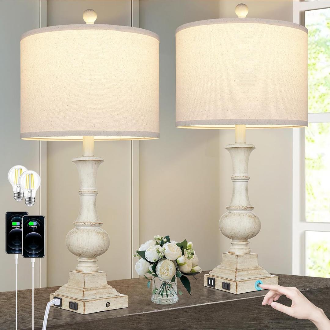 26" Farmhouse Table Lamps Set of 2, Rustic Touch Control Bedside Lamps with 2 USB Ports & AC Outlet, Vintage White Resin 3-Way Dimmable Nightstand Lamp Linen Fabric Shade for Living Room Bedroom Decor