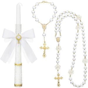 WILLBOND 3 Pcs First Communion Rosary and Candle Set Confirmation Candle Gifts Set Baptism Catholic Bracelets Cross Necklace Holy Communion Accessories for Christening Gift Keepsake(Pearl Heart)