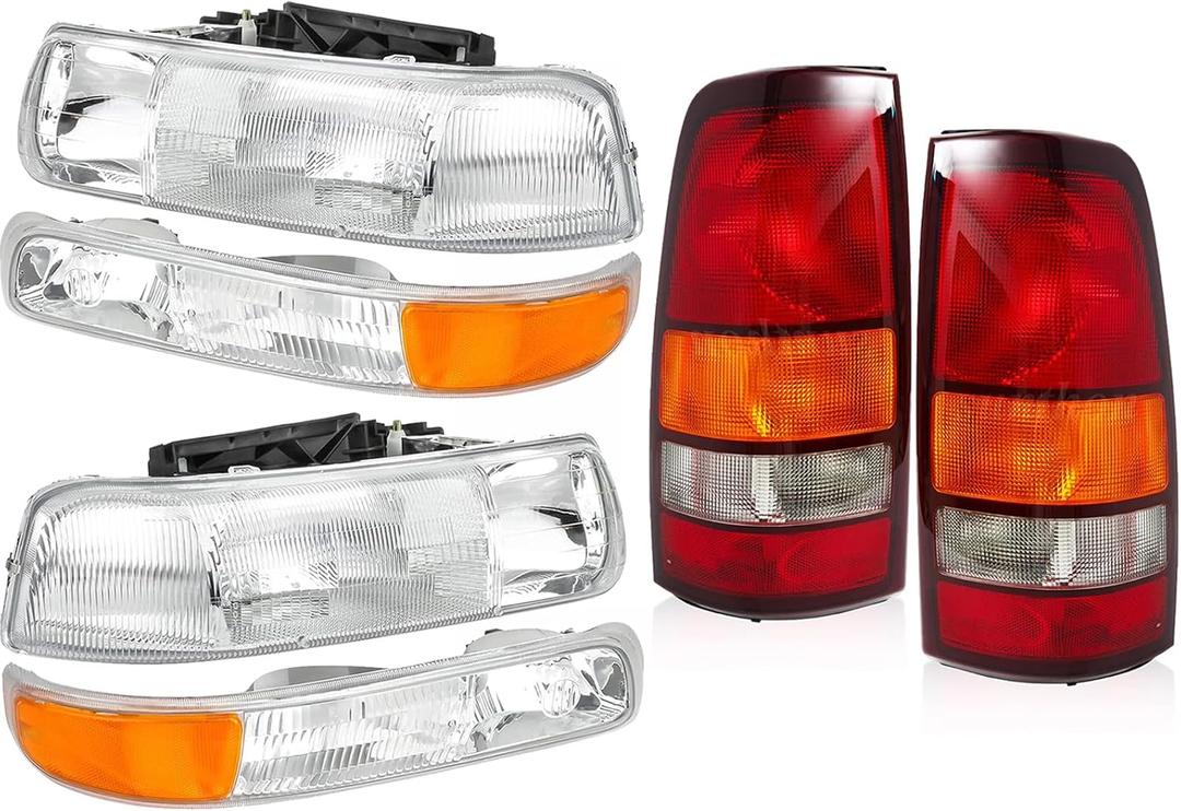Factory Style Headlights Tail Lights Assembly Combo Compatible with 1999 2000 2001 2002 Chevy Silverado 1500 1500 HD 2500 2500 HD Replacement Head Light Rear Brake Lamp, Chrome Housing Amber Corner