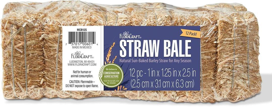 FloraCraft 12 Piece Decorative Straw Bale 1 Inch x 1.25 Inch x 2.5 Inch Natural
