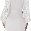 BOGURST Semi Formal Church Dresses for Women Bishop Sleeve Sexy V Neck Bodycon Midi Dresses (White, XXL)