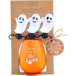 Mud Pie Light Up Halloween Wine Glass Set, Here for the Boos, 3" x 3 1/2
